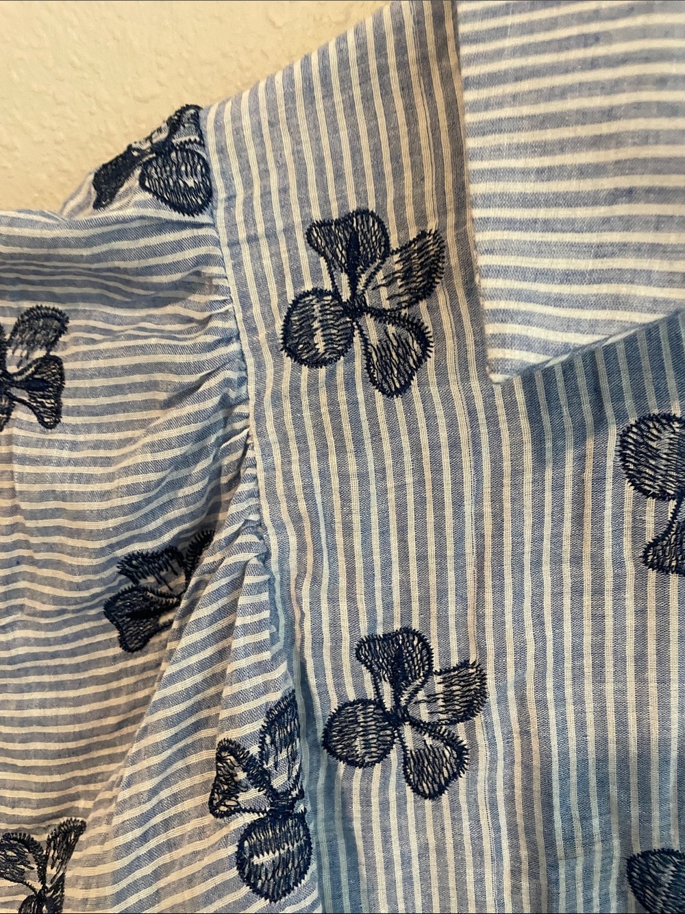 VOY Blue Stripe Embroidered Ruffle-Sleeve Blouse - Picture 6 of 9